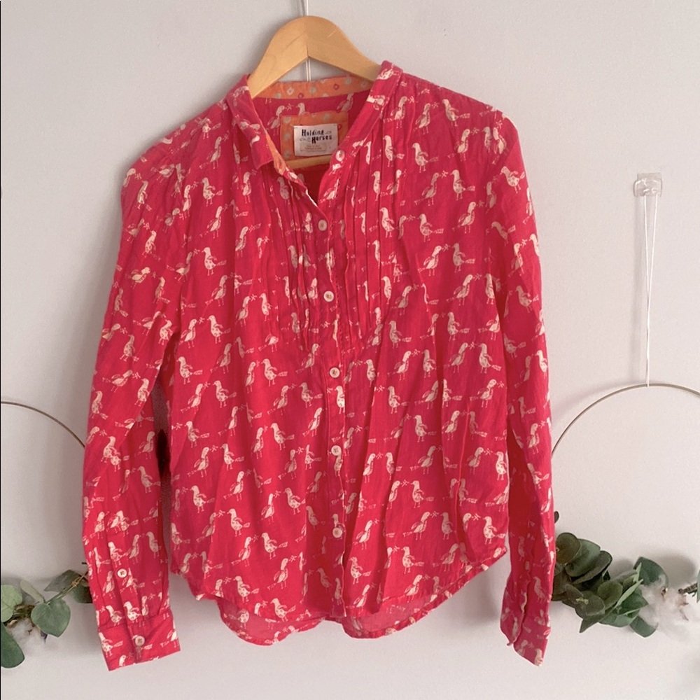 Anthropologie Holding Horses long sleeve button shirt up pink with birds country